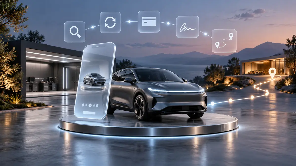 Illustration of a grey crossover on a round platform at dusk, next to a tall glass phone, with floating glass icons for search, trade, payment, signing and a route to a house.